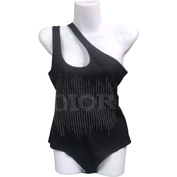 REORIA Designer Black One Shoulder Silver Studded Bodysuit - Picture 1 of 8
